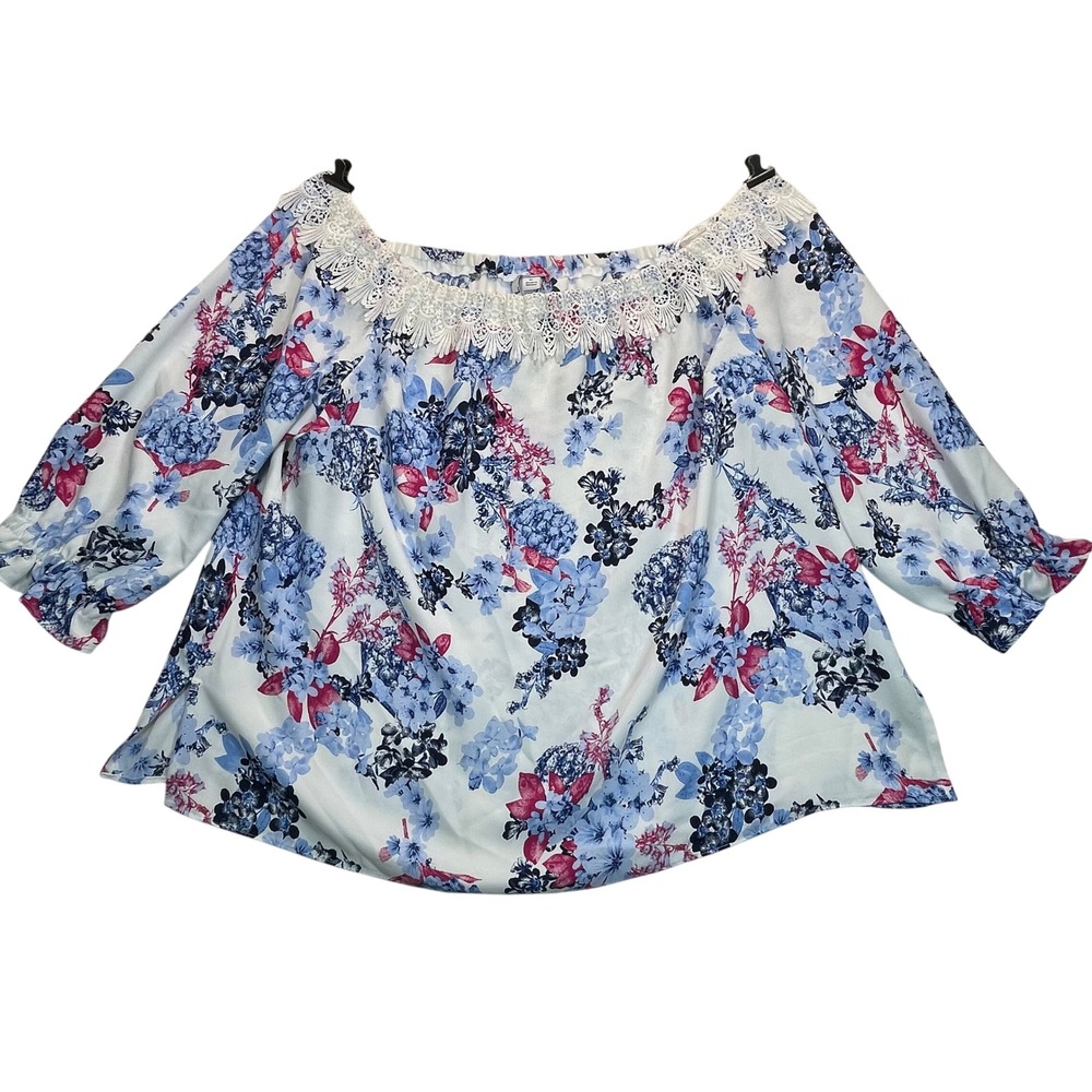 Off Shoulder Oversized Top Womens XL Floral Lace Coastal Ruffle Sleeve Resort